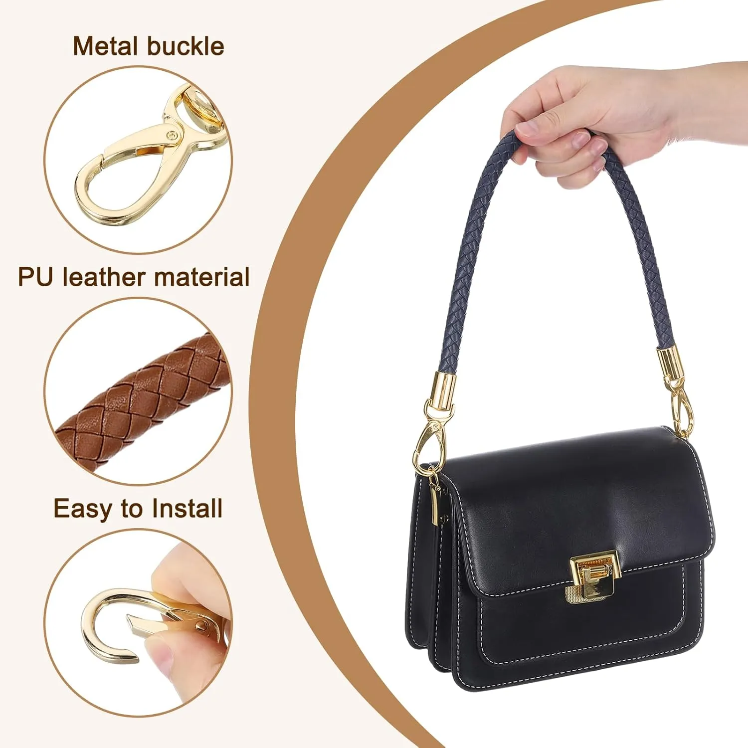 uxcell Leather Purse Strap, 2Pcs 50cm/19.69" Short Leather PU Braided Purse Replacement Handle with Metal Buckles for Underarm Bags, Handbags (Brown Strap   Gold Clasp)