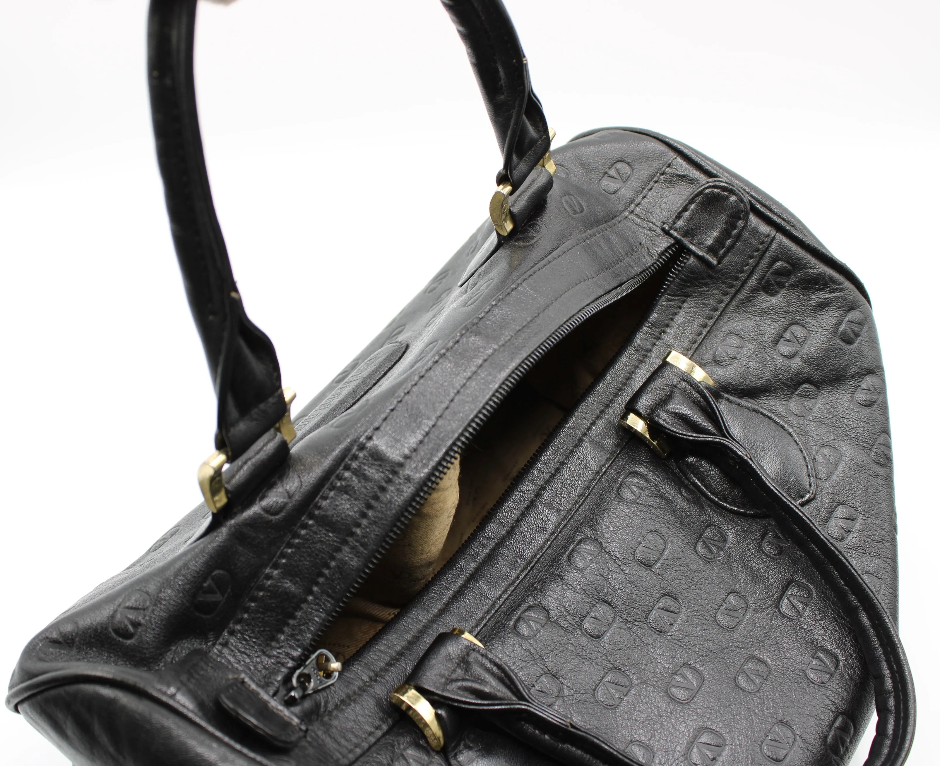 Valentino Garavani Black Embossed Leather Boston Bag Vintage