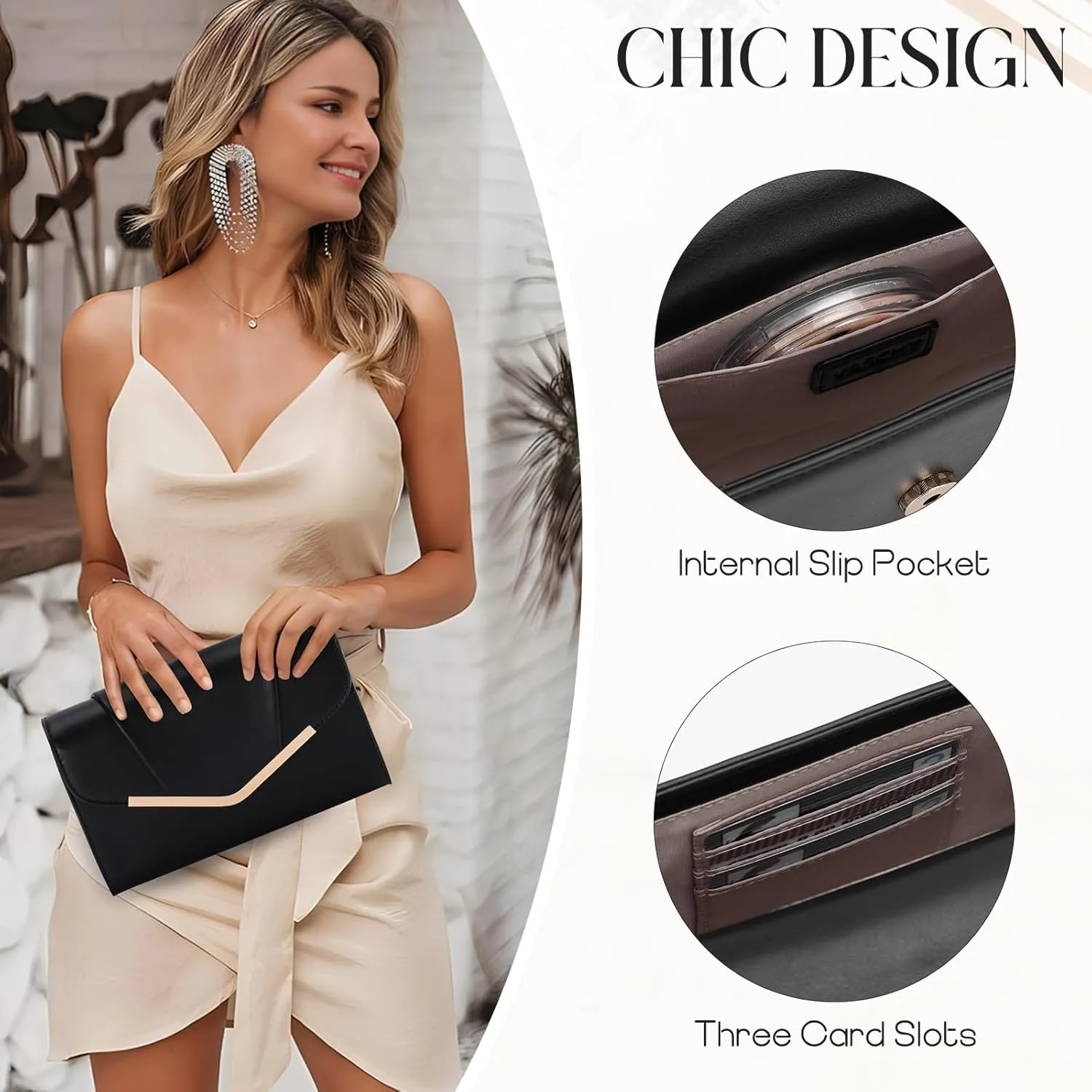 VASCHY Clutch Purse for Women,Fashion Envelope Evening Small Formal Handbag Fold-over Crossbody Shoulder Bag Wedding,Party