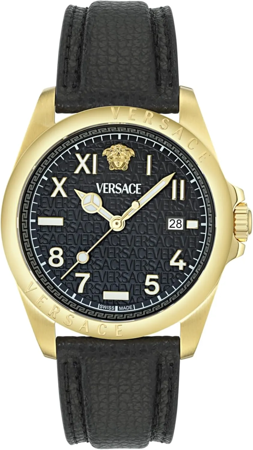 Versace Anteo Collection Luxury Mens Watch Timepieces with a Black Strap and Dial Featuring a Gold Case