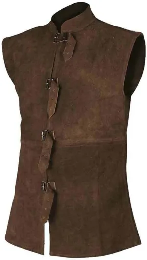 Vest for Men Button Strap-Leather Vest Retro Collar Pocket Solid Color Denim Motorcycle Stylish Armor Biker Club Vests (Brown, L)
