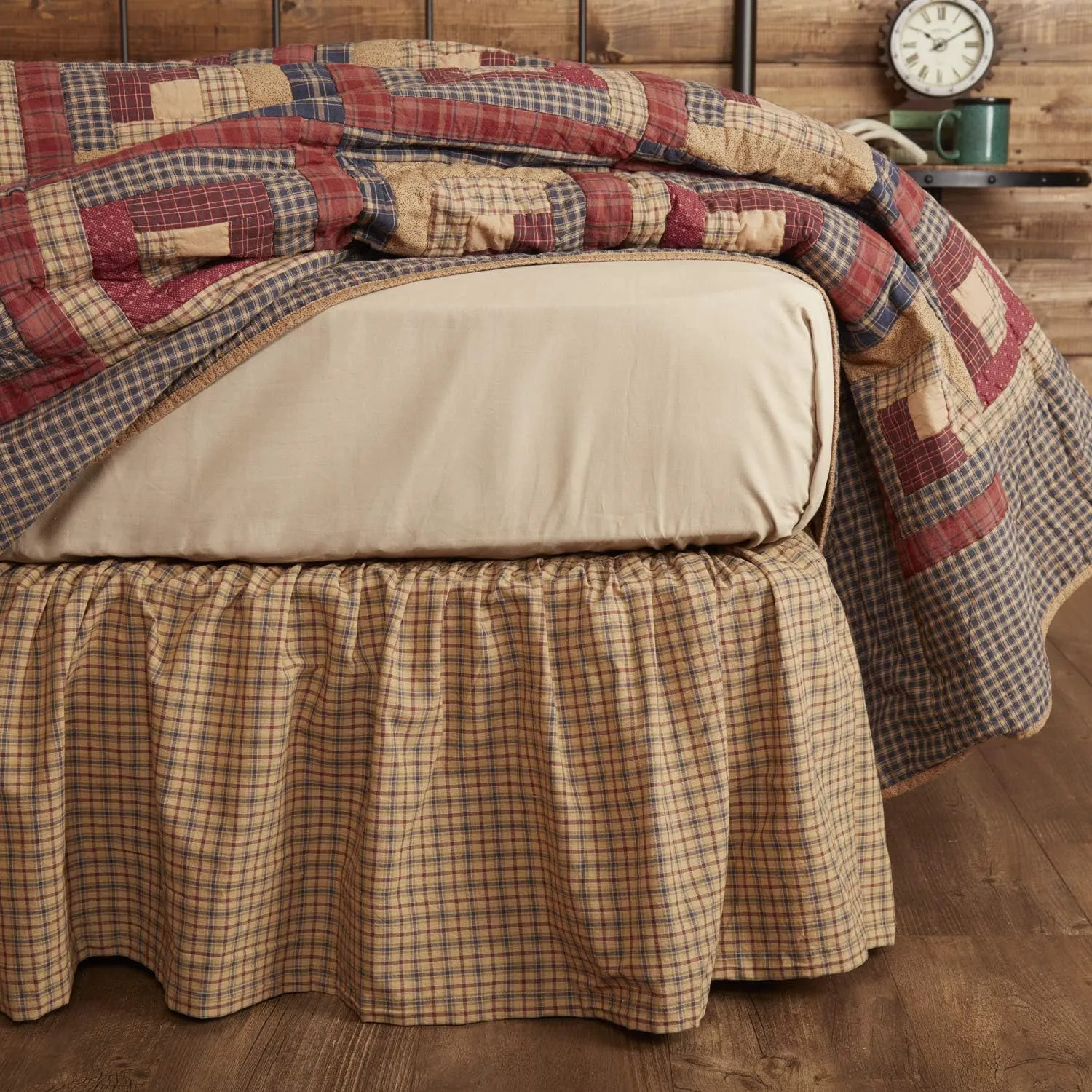 VHC Brands Millsboro Plaid Cotton Rustic Split Corners Gathered King Bed Skirt, 78x80x16, Khaki Tan