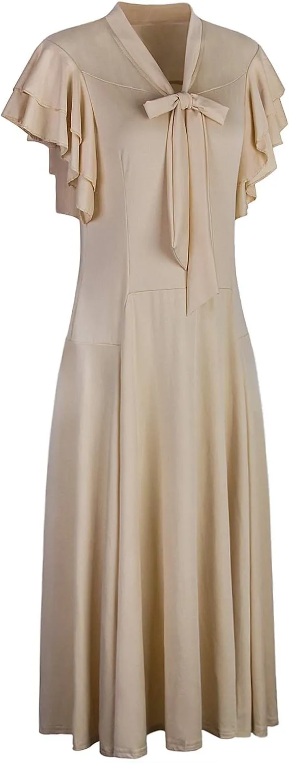 Vijiv Women's Vintage 1920s V Neck Long Bias Cut Sleeveless with Flutter Sleeves Bowknot Flapper Dress