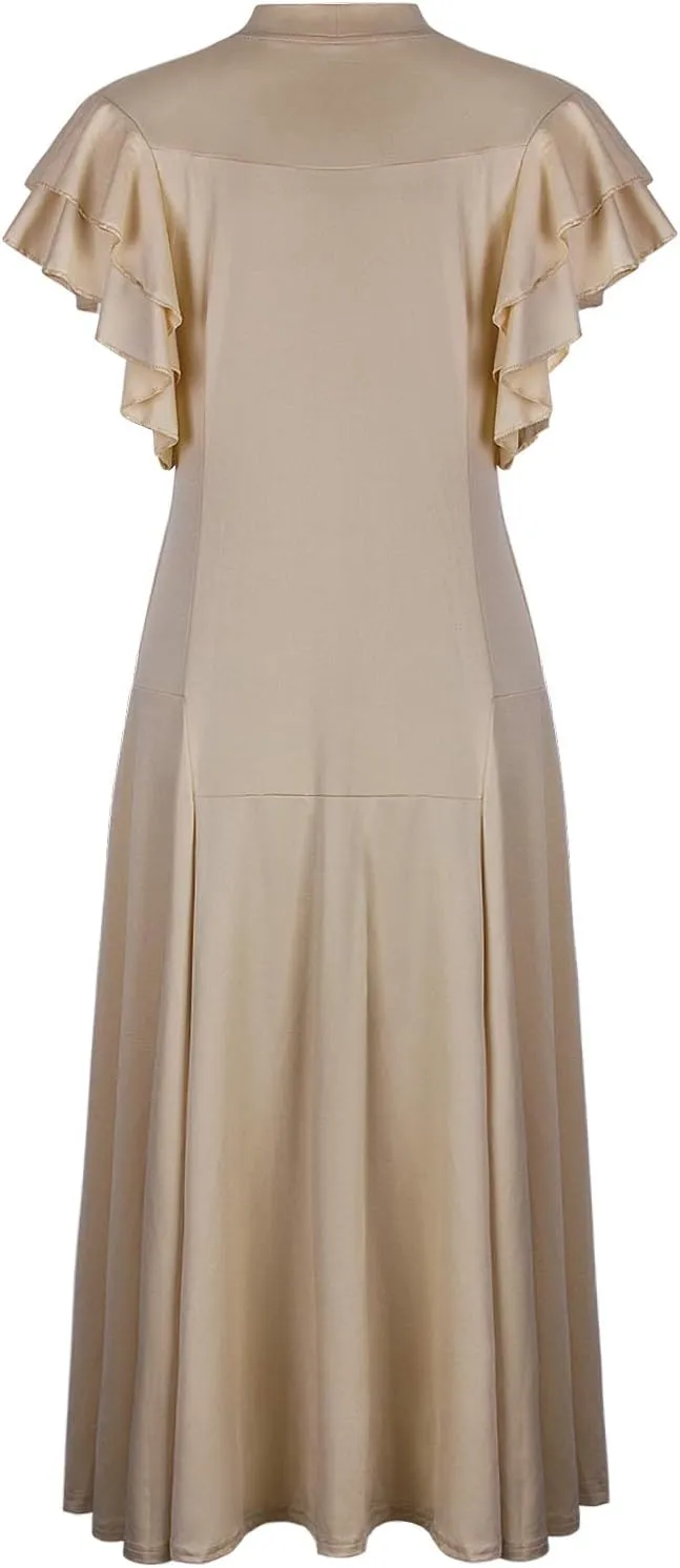 Vijiv Women's Vintage 1920s V Neck Long Bias Cut Sleeveless with Flutter Sleeves Bowknot Flapper Dress