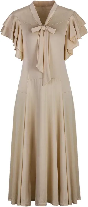 Vijiv Women's Vintage 1920s V Neck Long Bias Cut Sleeveless with Flutter Sleeves Bowknot Flapper Dress