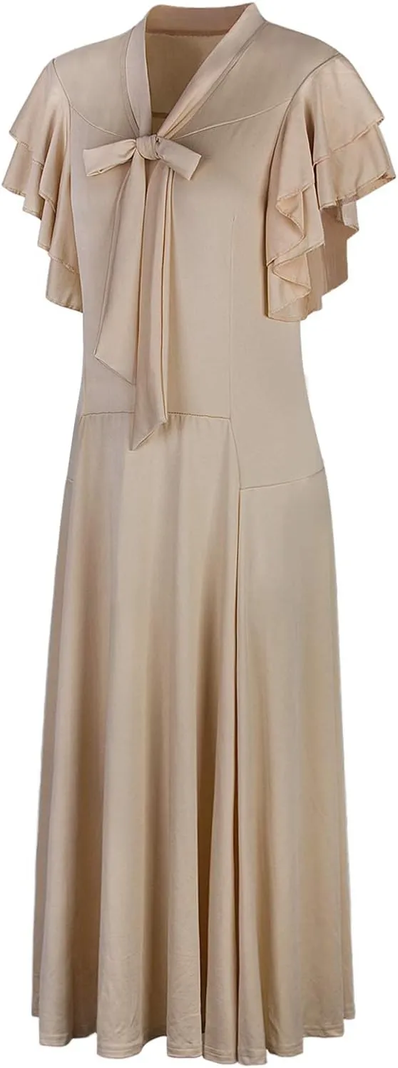 Vijiv Women's Vintage 1920s V Neck Long Bias Cut Sleeveless with Flutter Sleeves Bowknot Flapper Dress