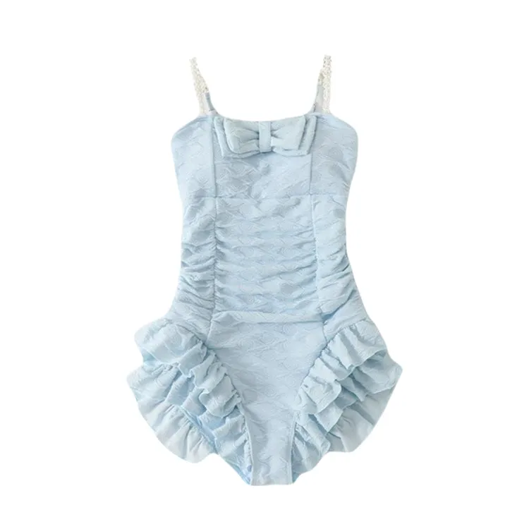 Vintage Style Ruffle One-Piece Swimsuit with Bow – Cute Retro Bathing Suit Summer Beachwear