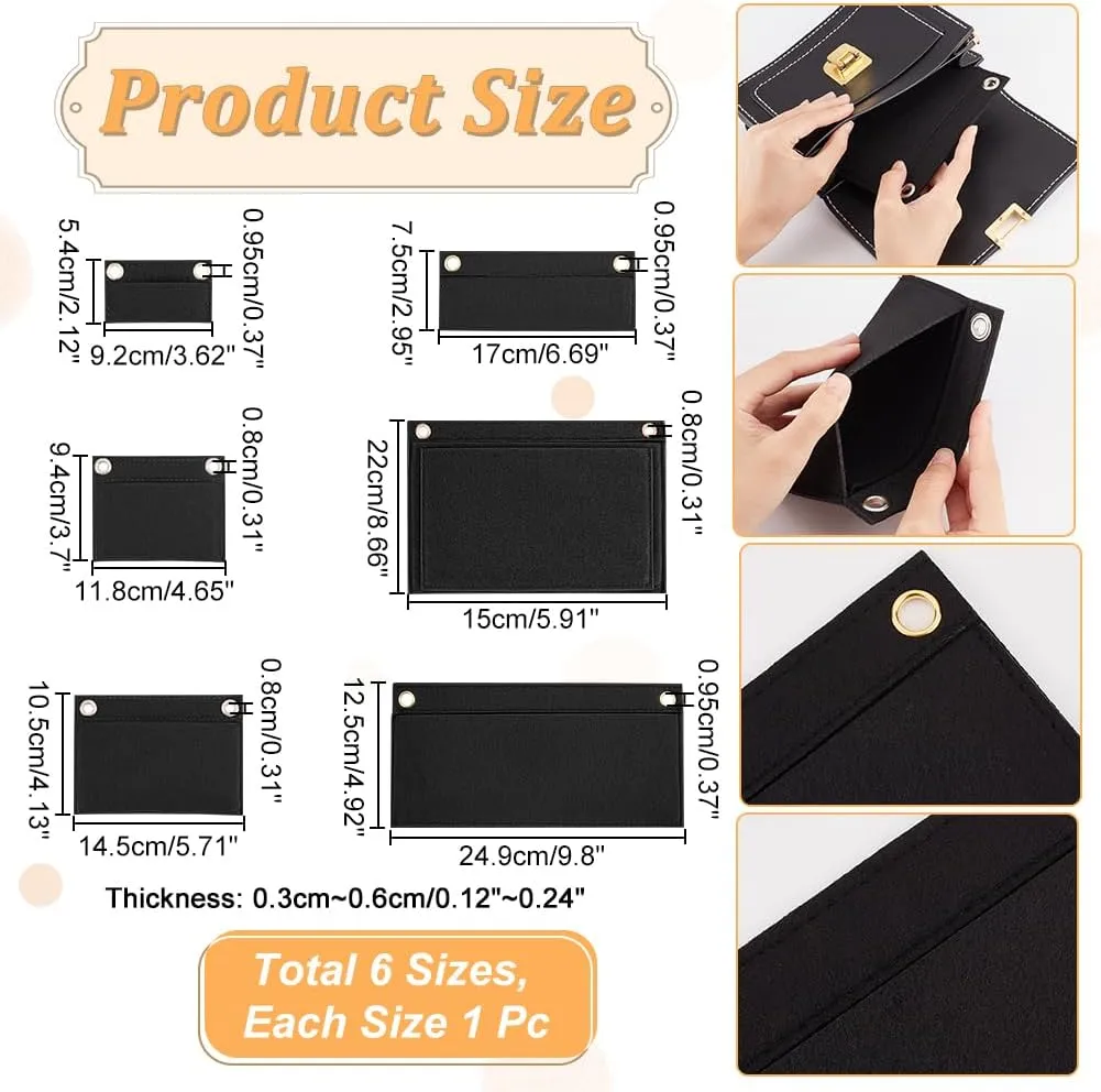 WADORN 6 Sizes Purse Conversion Organizer Insert, Felt Handbag Organizer Inner Pocket Wallet Clutch Bag Conversion Kit with Eyelet Pochette Bag in Bag Accessory, Black