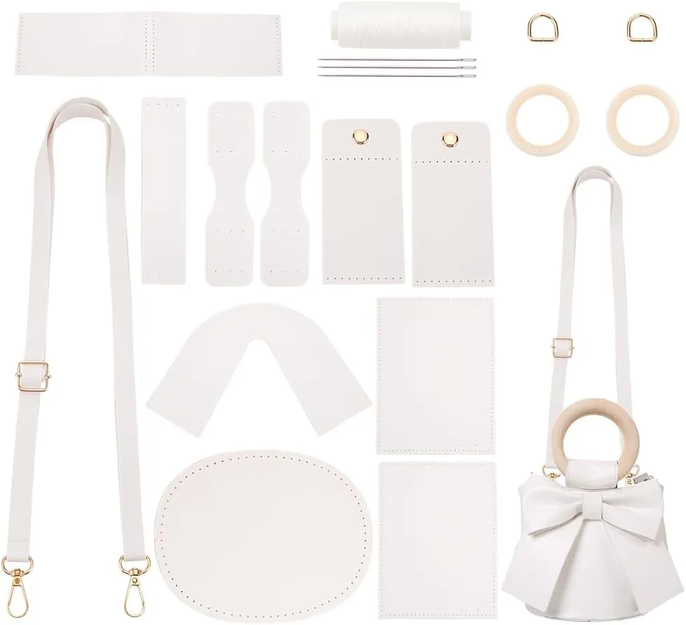 WADORN DIY PU Leather Bucket Bag Making Kit, Bow-Knot Shoulder Bag Making Materials Handmade Tote Purse Sewing Kit Women Fashion Crossbody Bag Sewing Supplies, 5.5x5.5x2.7inch, White