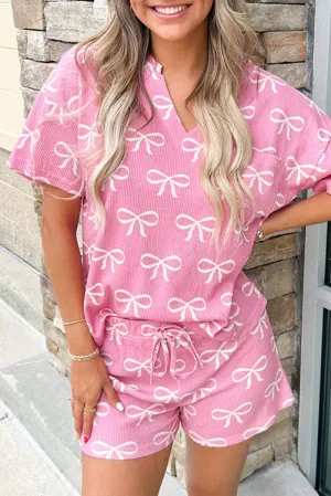 Waffle Knit Bowknot Printed V Neck T Shirt and Shorts Set