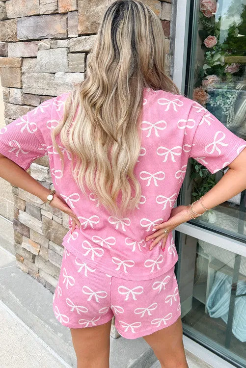 Waffle Knit Bowknot Printed V Neck T Shirt and Shorts Set