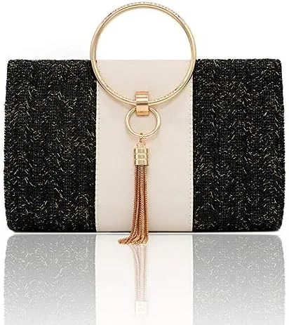 Weave Straw Handbag for Women Tassels Straw Clutch Summer Evening Party Bag Elegant Beach Top Handle Purse with Chain