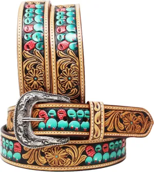 Western Antique Basket Weave Tooled Beaded Full-Grain Leather Belt Cactus 26FK56
