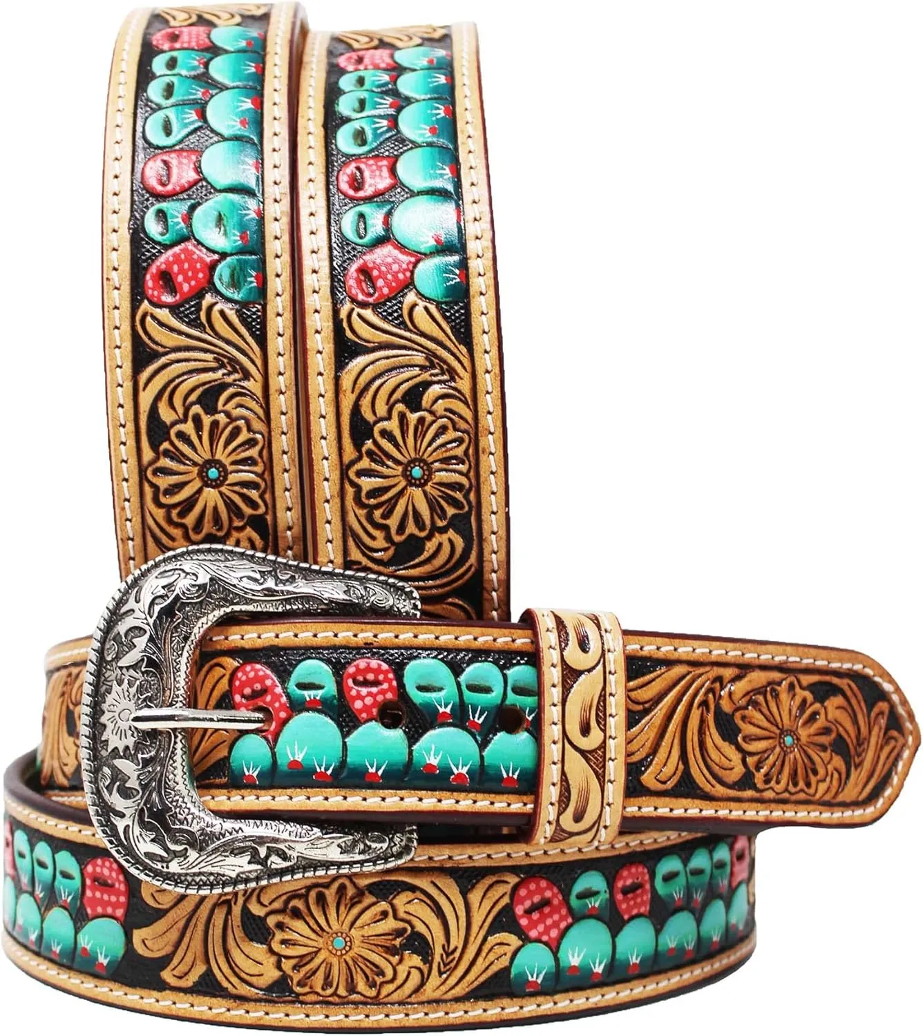 Western Antique Basket Weave Tooled Beaded Full-Grain Leather Belt Cactus 26FK56