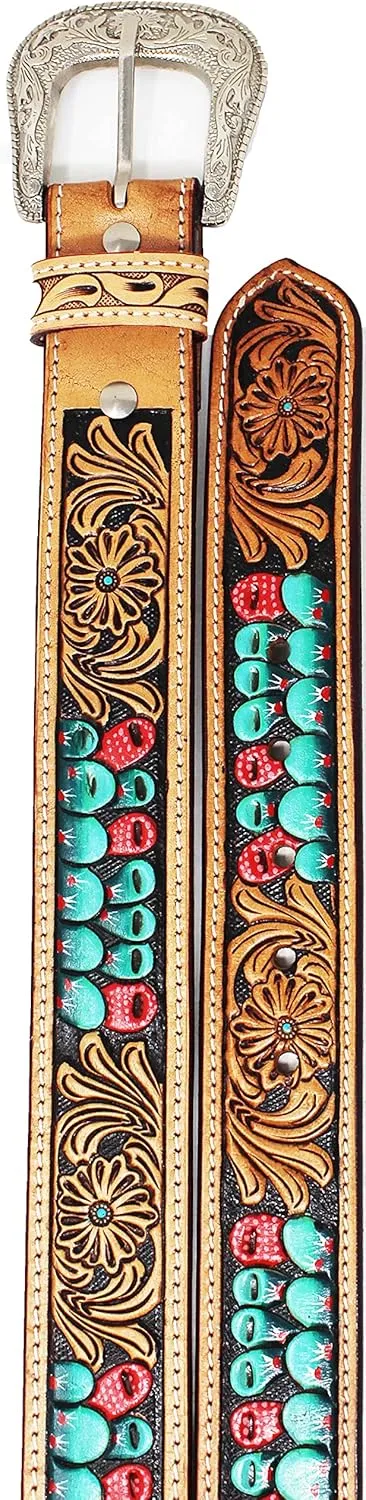 Western Antique Basket Weave Tooled Beaded Full-Grain Leather Belt Cactus 26FK56