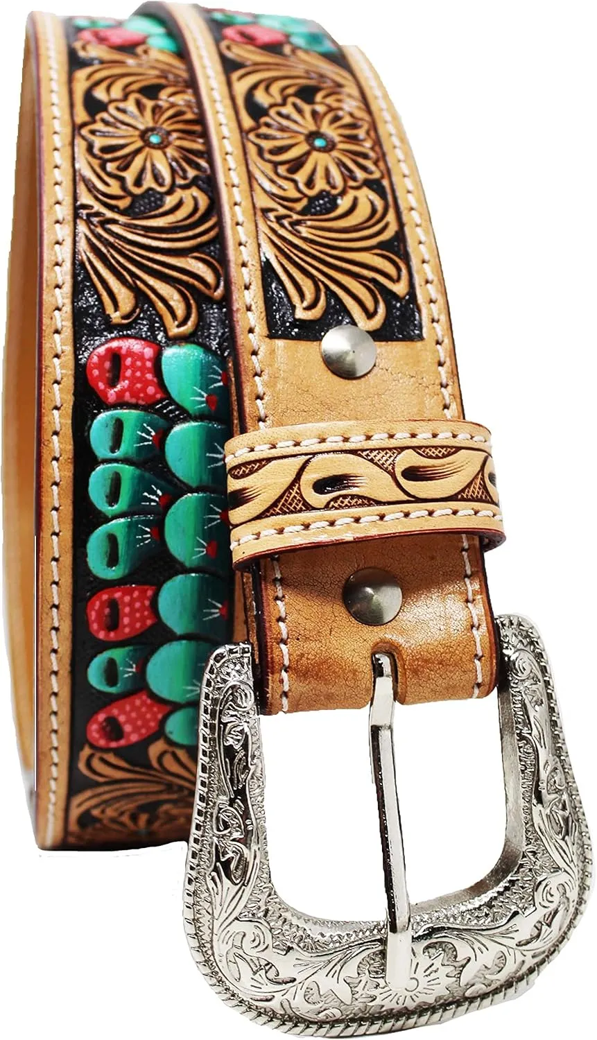 Western Antique Basket Weave Tooled Beaded Full-Grain Leather Belt Cactus 26FK56