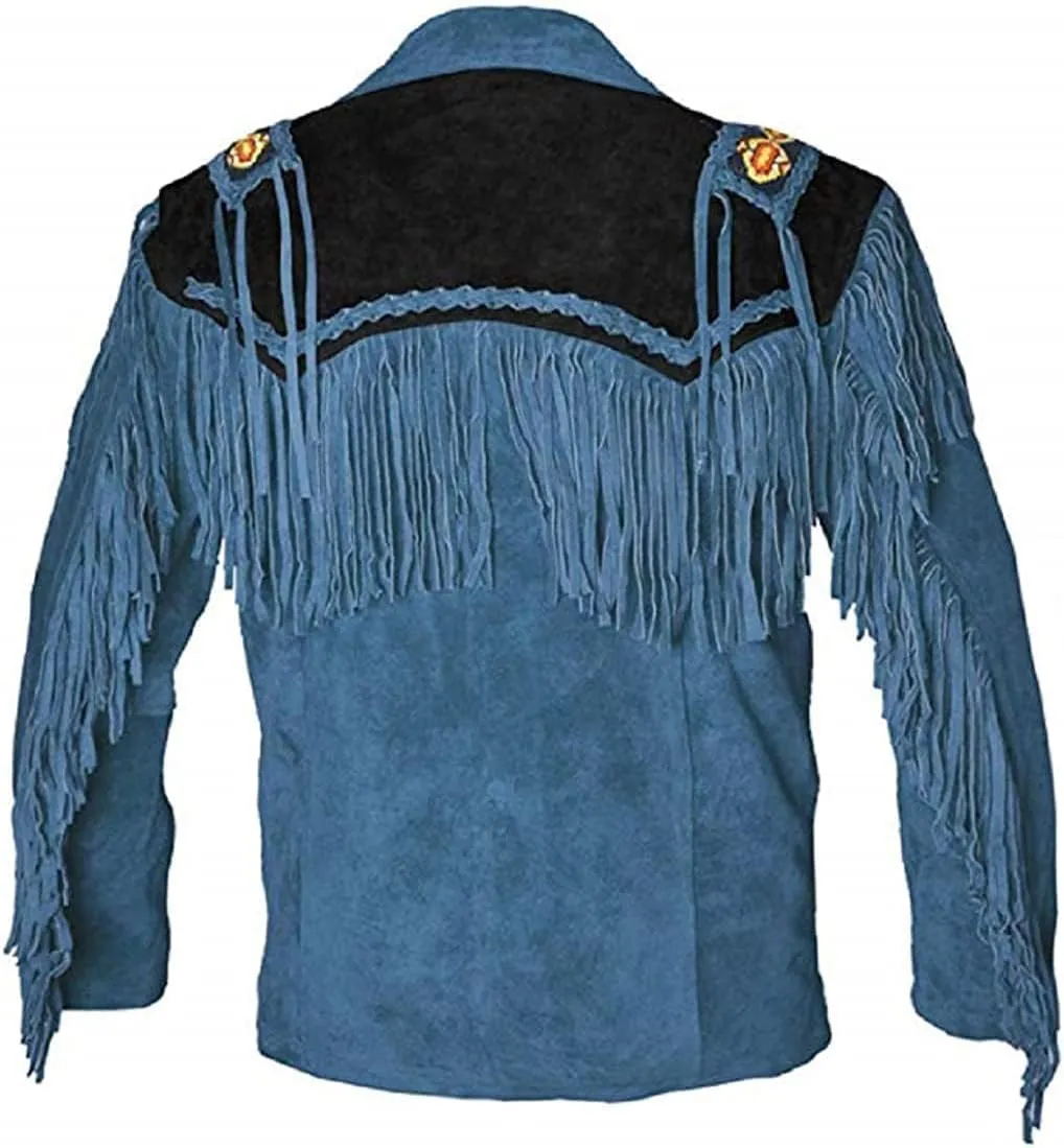 Western Cowboy Fringes Suede Leather Jacket for Men's - Native American and Bikers Style Classic Fashion Coat -Blue