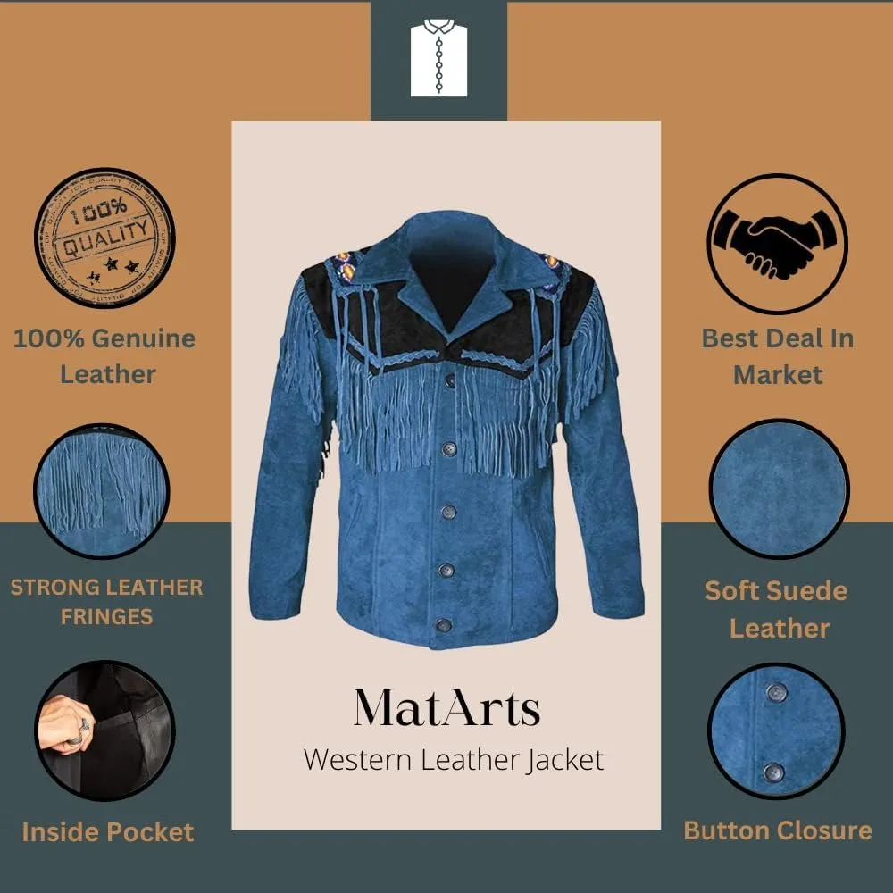 Western Cowboy Fringes Suede Leather Jacket for Men's - Native American and Bikers Style Classic Fashion Coat -Blue