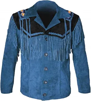 Western Cowboy Fringes Suede Leather Jacket for Men's - Native American and Bikers Style Classic Fashion Coat -Blue