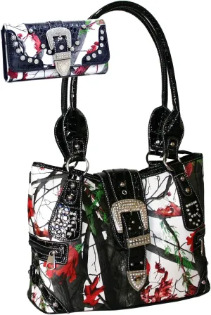 Western Rhinestone Buckle Accent Purse Handbag Matching Wallet