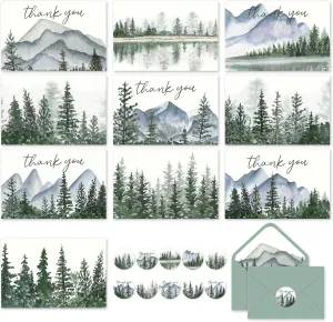 Whaline 100 Pack Watercolor Forest Thank You Cards Mountains Landscape Greeting Cards with Envelopes Stickers 10 Designs Blank Note Cards for Party Invitation Supplies, 4 x 6 Inch