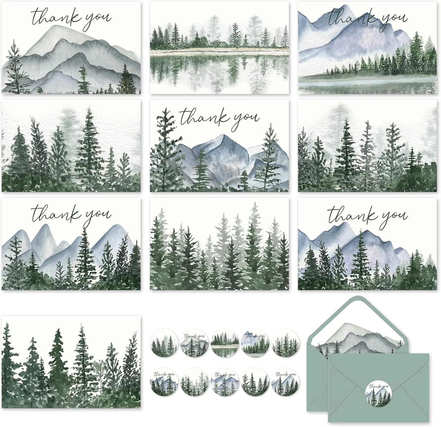Whaline 100 Pack Watercolor Forest Thank You Cards Mountains Landscape Greeting Cards with Envelopes Stickers 10 Designs Blank Note Cards for Party Invitation Supplies, 4 x 6 Inch