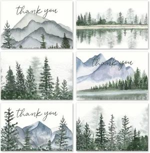 Whaline 36 Pack Watercolor Forest Thank You Cards Misty Mountain Trees Greeting Cards with Envelope Sticker Blank Note Cards for Birthday Wedding, 4 x 6 Inch