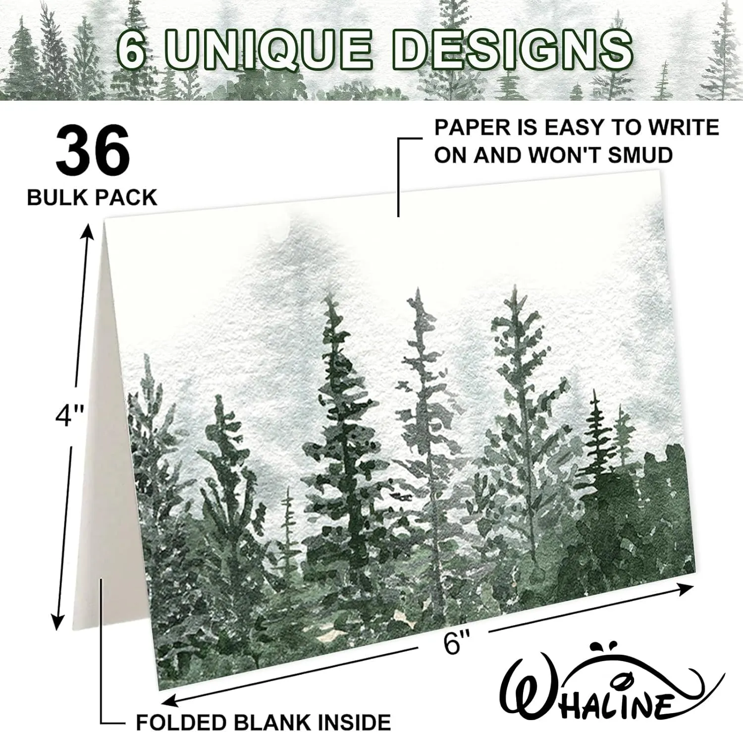 Whaline 36 Pack Watercolor Forest Thank You Cards Misty Mountain Trees Greeting Cards with Envelope Sticker Blank Note Cards for Birthday Wedding, 4 x 6 Inch
