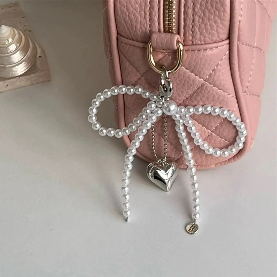 White Bowknot Heart Keychain Women Sweet Charm Pearl Bow Backpack Key Ring Handmade Jewelry Ornament Bags Pendants Gif