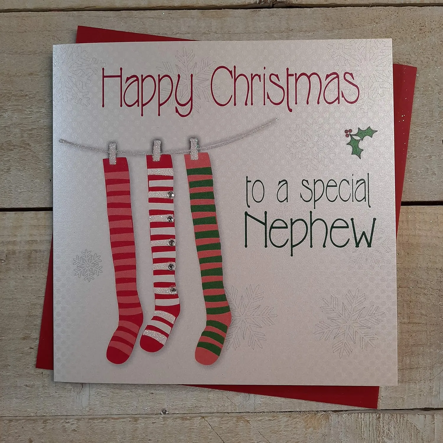 White Diamonds Happy Special Nephew Handmade Christmas Card (Stockings) code fp34