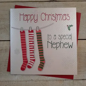 White Diamonds Happy Special Nephew Handmade Christmas Card (Stockings) code fp34