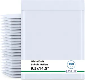 White Kraft Large Bubble Mailers 9.5 x14.5 Inch #4 | Self Seal Padded Envelopes Air Cushioned Bubble Mailer | Usable Size 9.5x13 Inch | Lightweight Mailing Shipping Bags for Books | 100 Pack Bulk