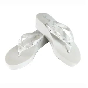 White or Ivory Crystal Rhinestone Accent Wedge Flip Flops, 2 Inch Heel with Satin Ribbon, Wedding Bridal Sandals