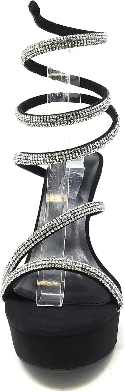 Wild Diva Women's Liz-34 Rhinestone Wrap Around Coil Spiral Embellished Straps & Heels Platform Stiletto Heels Sandals