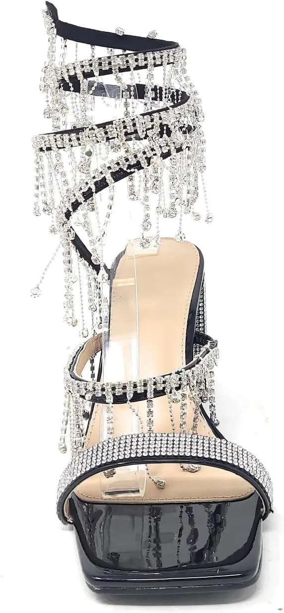Wild Diva Women's Molla-01 Chandelier Embellished Rhinestone Spiral Coil Wrap Around Chunky Block Heels