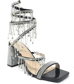 Wild Diva Women's Molla-01 Chandelier Embellished Rhinestone Spiral Coil Wrap Around Chunky Block Heels