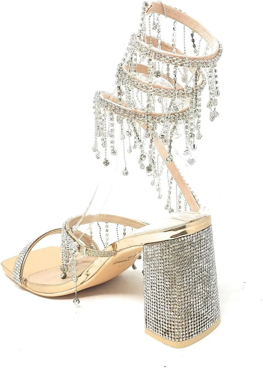 Wild Diva Women's Molla-01 Chandelier Embellished Rhinestone Spiral Coil Wrap Around Chunky Block Heels