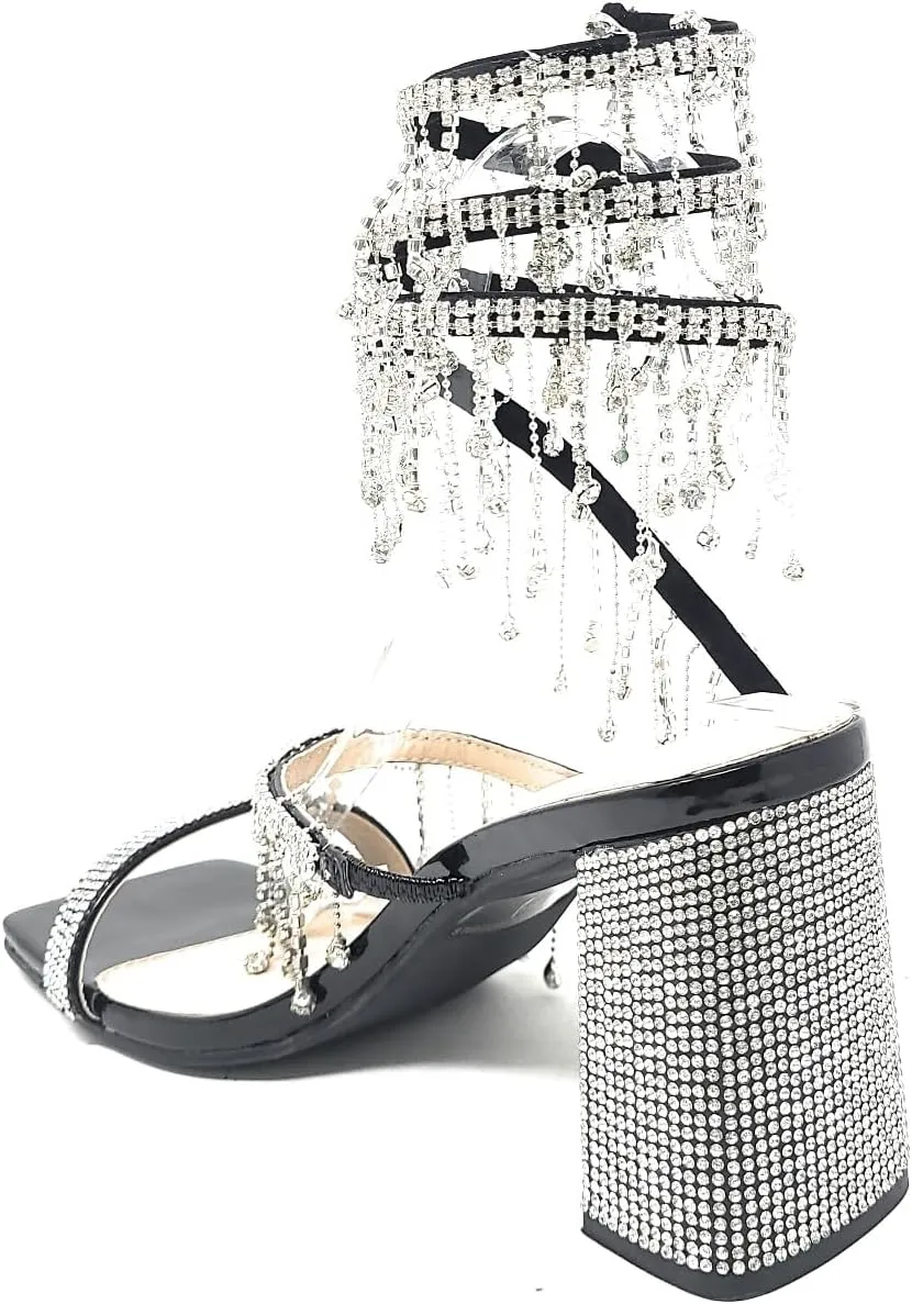 Wild Diva Women's Molla-01 Chandelier Embellished Rhinestone Spiral Coil Wrap Around Chunky Block Heels