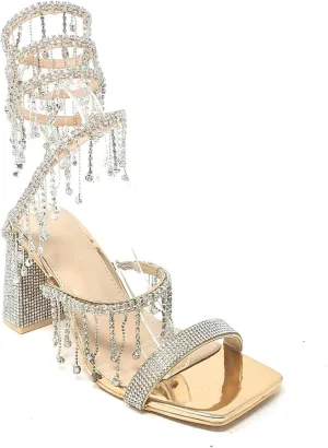 Wild Diva Women's Molla-01 Chandelier Embellished Rhinestone Spiral Coil Wrap Around Chunky Block Heels