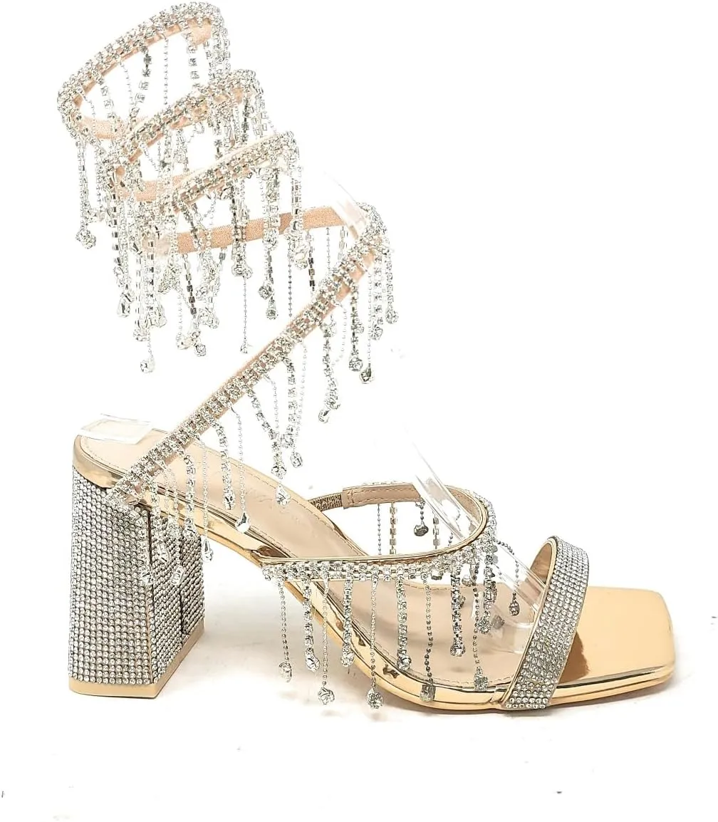 Wild Diva Women's Molla-01 Chandelier Embellished Rhinestone Spiral Coil Wrap Around Chunky Block Heels