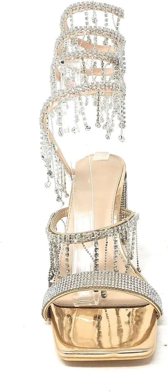 Wild Diva Women's Molla-01 Chandelier Embellished Rhinestone Spiral Coil Wrap Around Chunky Block Heels