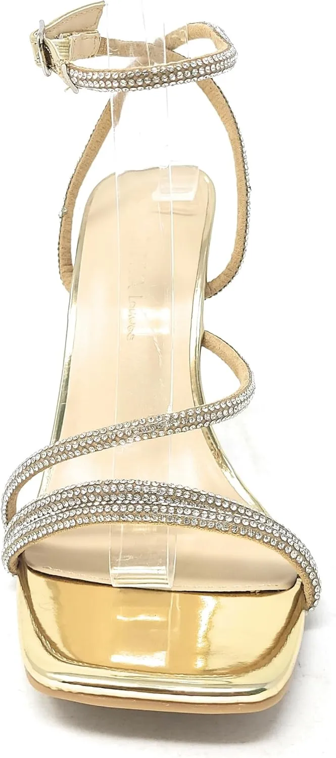 Wild Diva Women's Square Toe Rhinestone Embellished Straps Formal Stiletto High Heels Flair-06