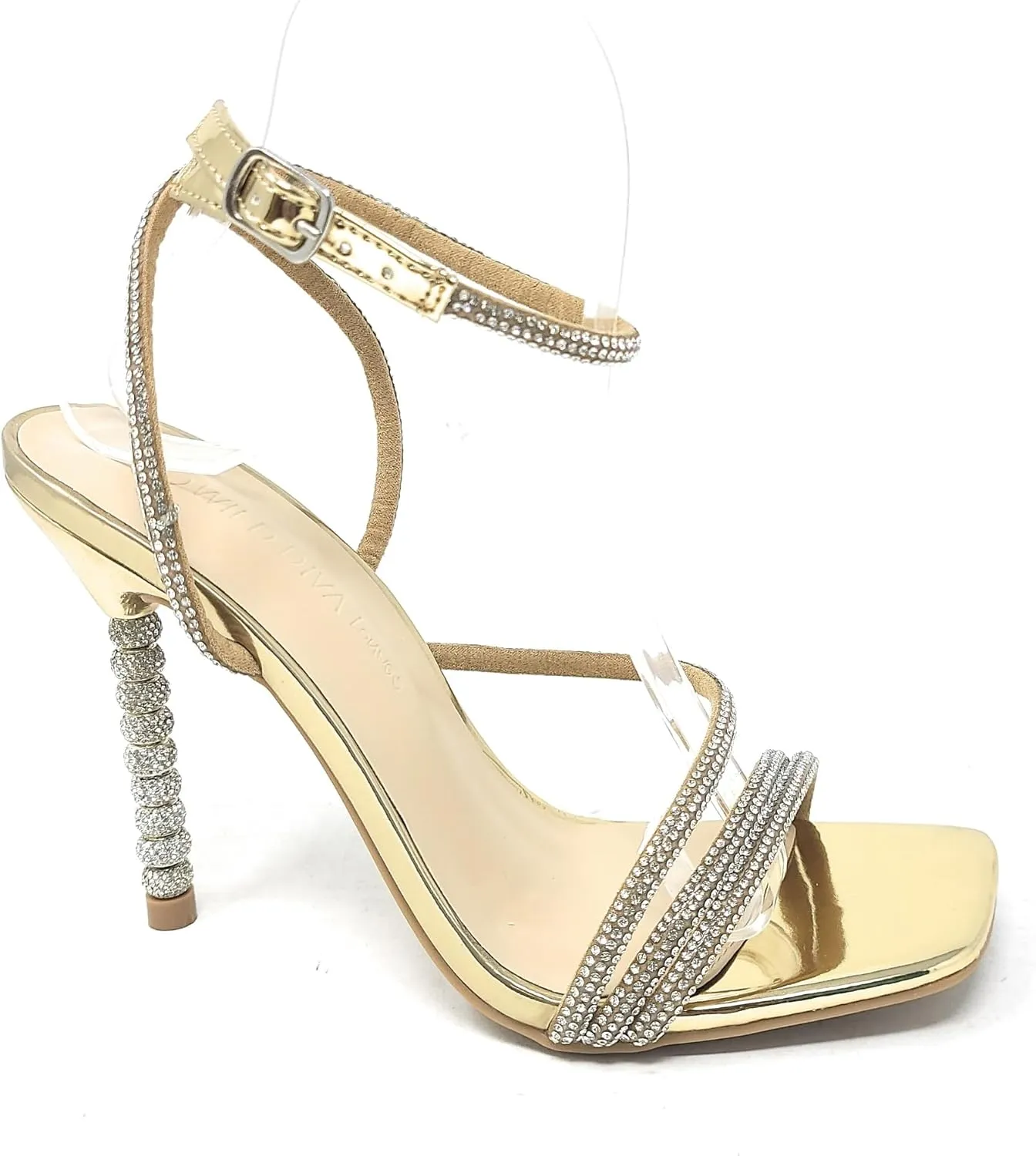 Wild Diva Women's Square Toe Rhinestone Embellished Straps Formal Stiletto High Heels Flair-06