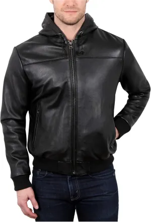 William Rast Mens Leather Hoodie Jacket, Black, Medium