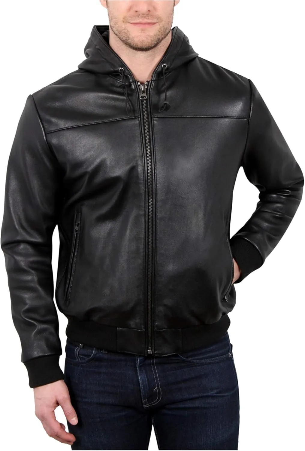 William Rast Mens Leather Hoodie Jacket, Black, Medium