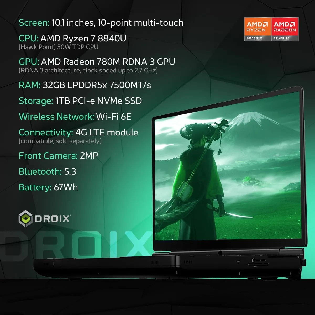 Win MAX 2 2025 Handheld Gaming PC with AMD Ryzen 7 8840U, Radeon 780M GPU, 32GB RAM, 1TB SSD with 4G Module, OcuLink, 10.1" IPS Display, Gaming Controls, Keyboard and touchpad