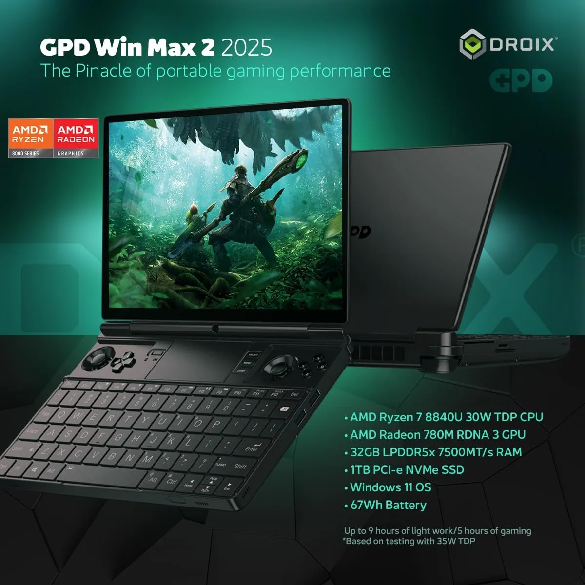 Win MAX 2 2025 Handheld Gaming PC with AMD Ryzen 7 8840U, Radeon 780M GPU, 32GB RAM, 1TB SSD with 4G Module, OcuLink, 10.1" IPS Display, Gaming Controls, Keyboard and touchpad