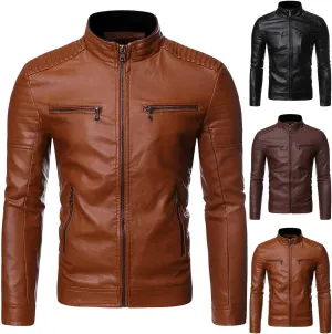 Winter Men's PU Faux Leather Jackets Stand Collar Motorcycle Coat Slim Fit Black Leather Coats Mens Blazer Jacket