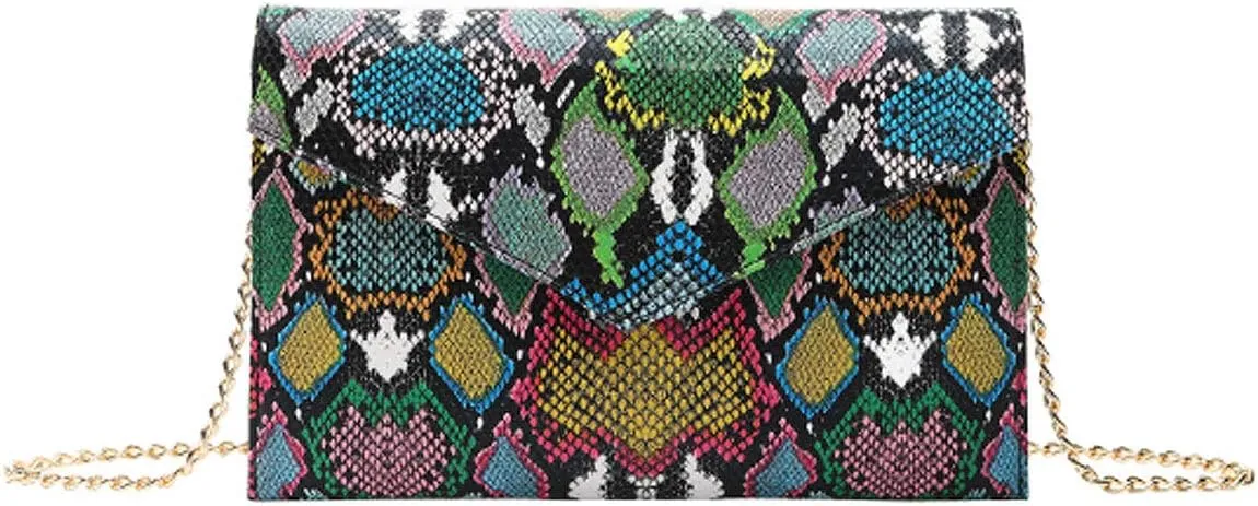 Women Fashion Snakeskin Pattern Clutch Handbag Envelope Bag Chain Shoulder Bag Evening Party Bag
