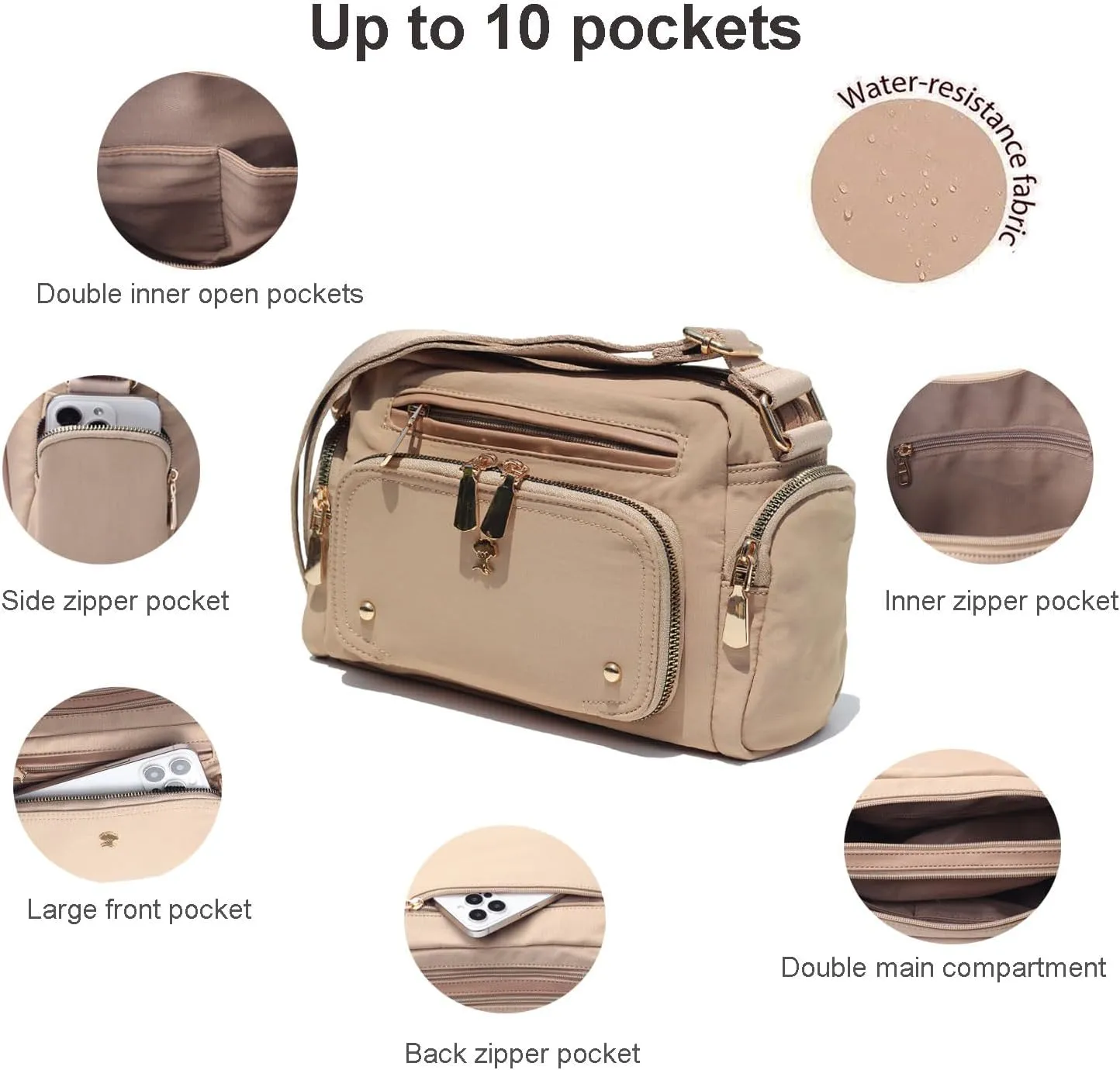 Women Fashion Tote Crossbody Handbags for Women Multi Pockets Shoulder Bag Nylon Travel Purse